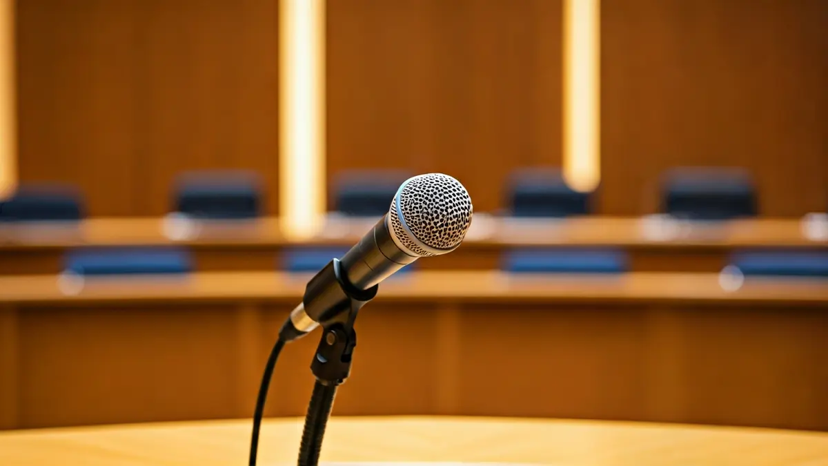 Generic image of a microphone on a podium in an empty municipal meeting room.