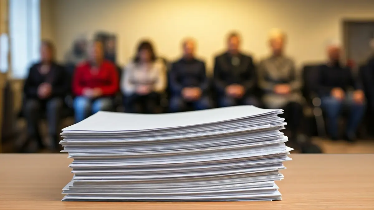 Imagen genérica de documentos oficiales y formularios en un escritorio de oficina gubernamental.