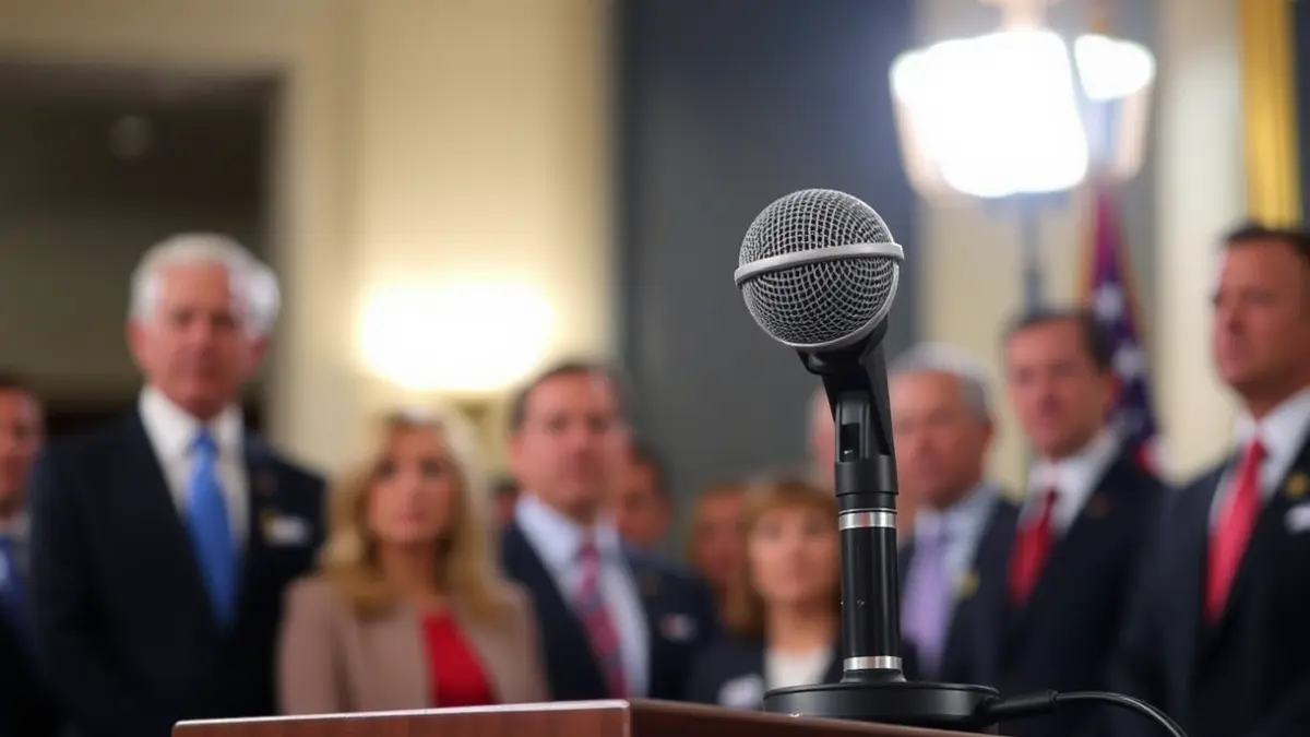 Imagen genérica de un micrófono en un podio durante una rueda de prensa política.