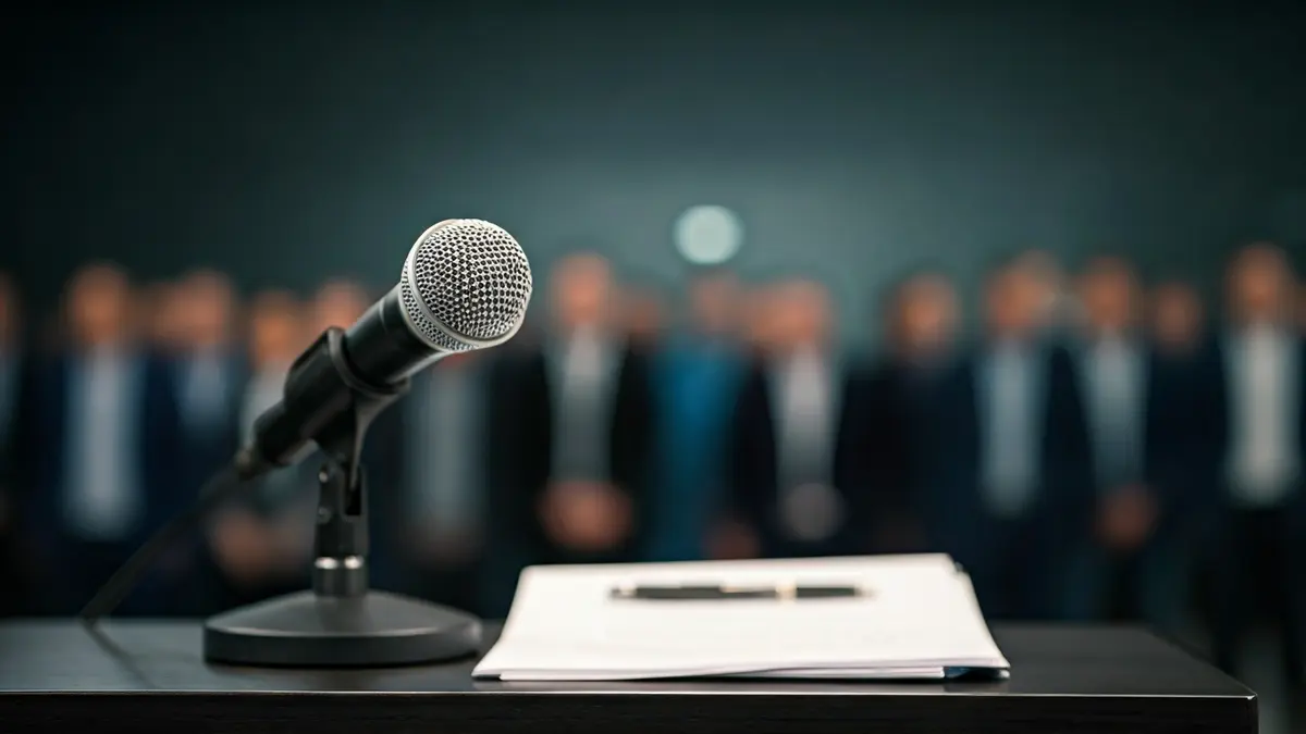 Generic image of a microphone on a podium, symbolizing a political statement or press conference.
