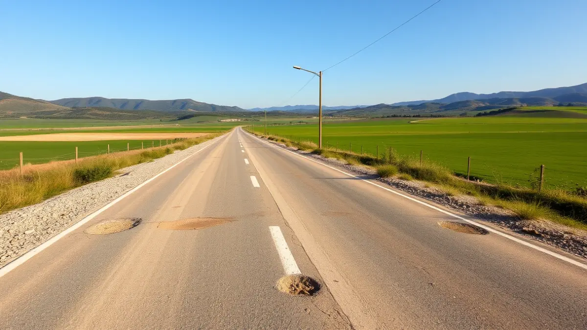 Carretera rural en mal estado en la zona de Jerez, con baches y grietas en el asfalto.