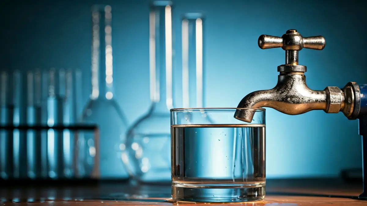 Imagen genérica de un grifo sirviendo agua en un vaso, con un fondo borroso de laboratorio.