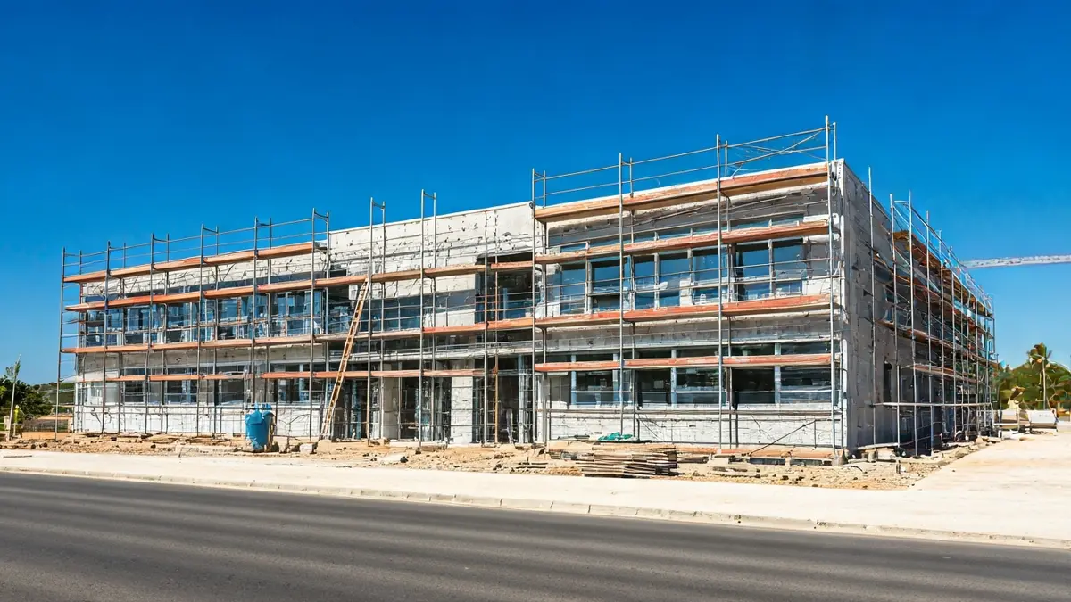 Image of a school building under construction, with scaffolding and building materials.