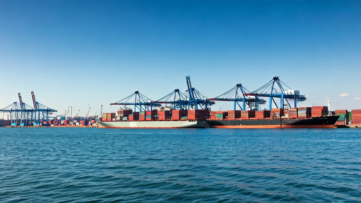 Vista aérea de un puerto moderno con barcos de contenedores y una gran área industrial vacía tierra adentro.