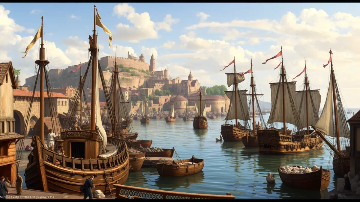 Image of an ancient port with wooden ships and commercial activity.