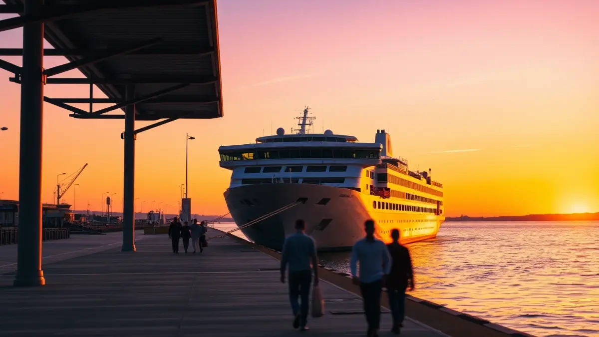 Imagen de un puerto al atardecer con un ferry, simbolizando la conexión internacional y el tránsito de viajeros.