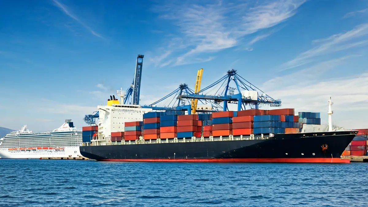 General view of the Port of the Bay of Cadiz with cargo and cruise activity.