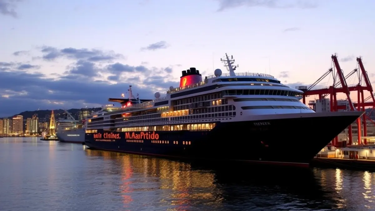 Imagen genérica de un crucero atracado en un puerto al atardecer.