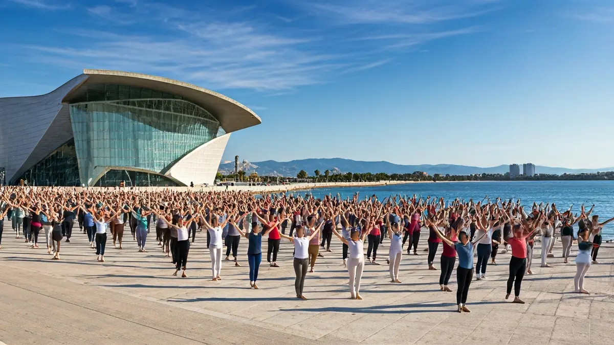 Imagen de un grupo de personas realizando ballet en el Muelle Uno de Málaga, con el Centro Pompidou al fondo.