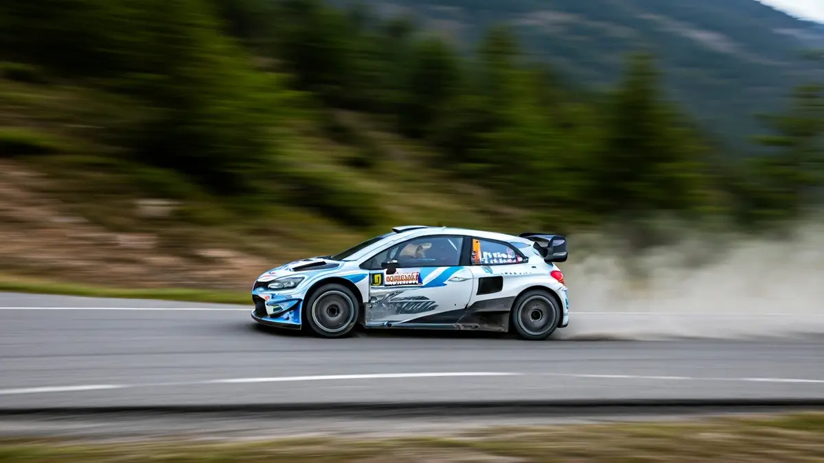 Generic image of a rally car on a mountain road.