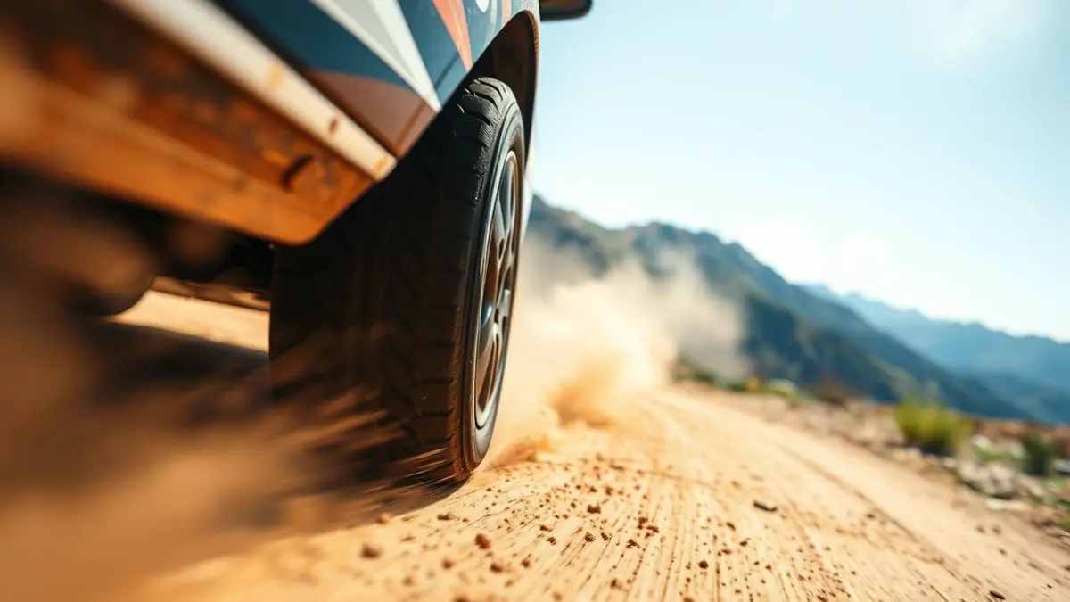 Imagen genérica de un neumático de coche de rally en un camino de tierra, con un paisaje montañoso de fondo.
