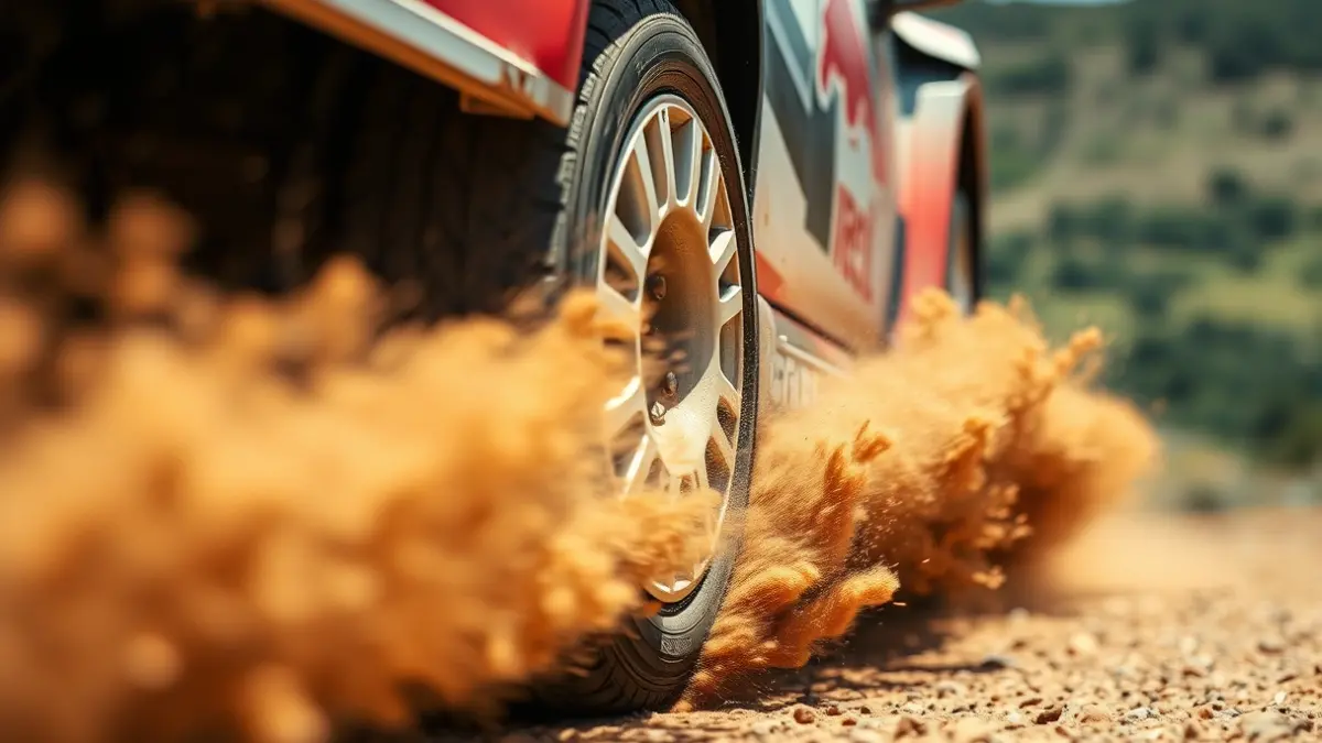 Imagen genérica de un neumático de coche de rally levantando polvo en una pista de tierra.