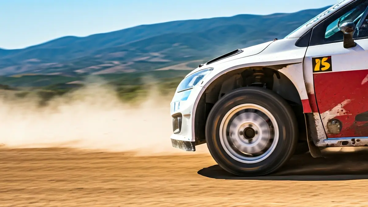 Imagen de un coche de rally en un tramo de tierra en la Sierra Morena.