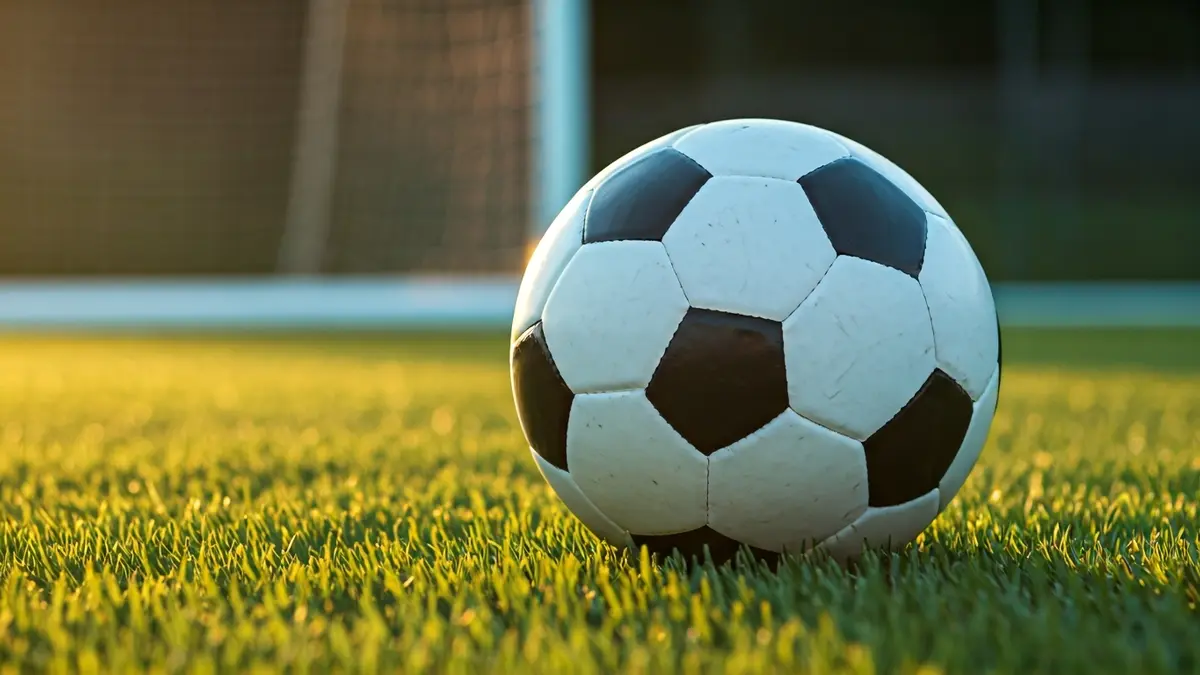 Generic image of a soccer ball on grass with a goal net in the background.