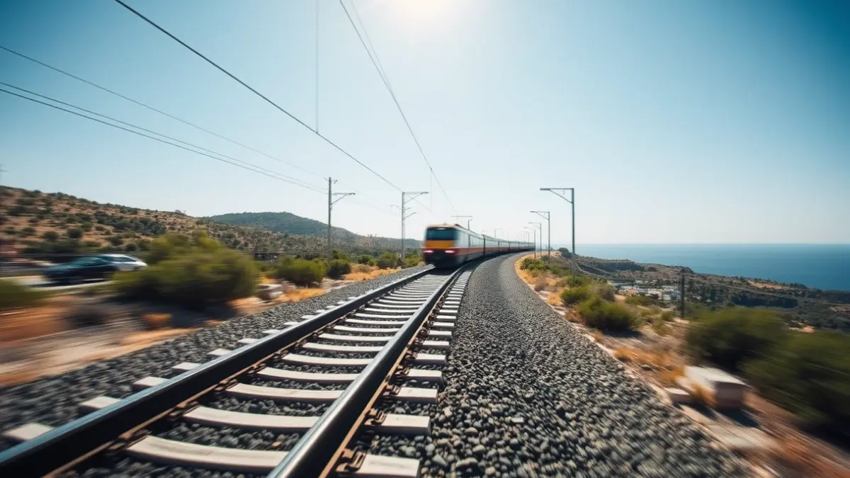 Generic image of a high-speed train track in a Mediterranean landscape.