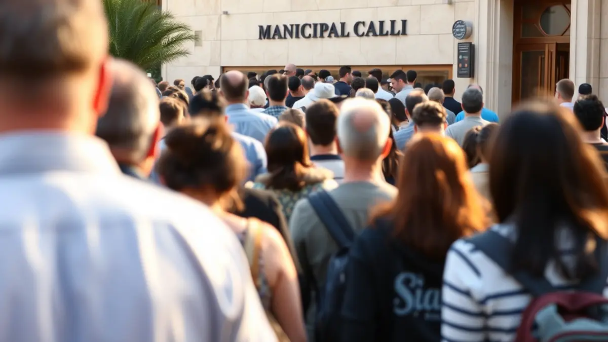 Imagen de personas haciendo cola en la calle para realizar trámites administrativos.