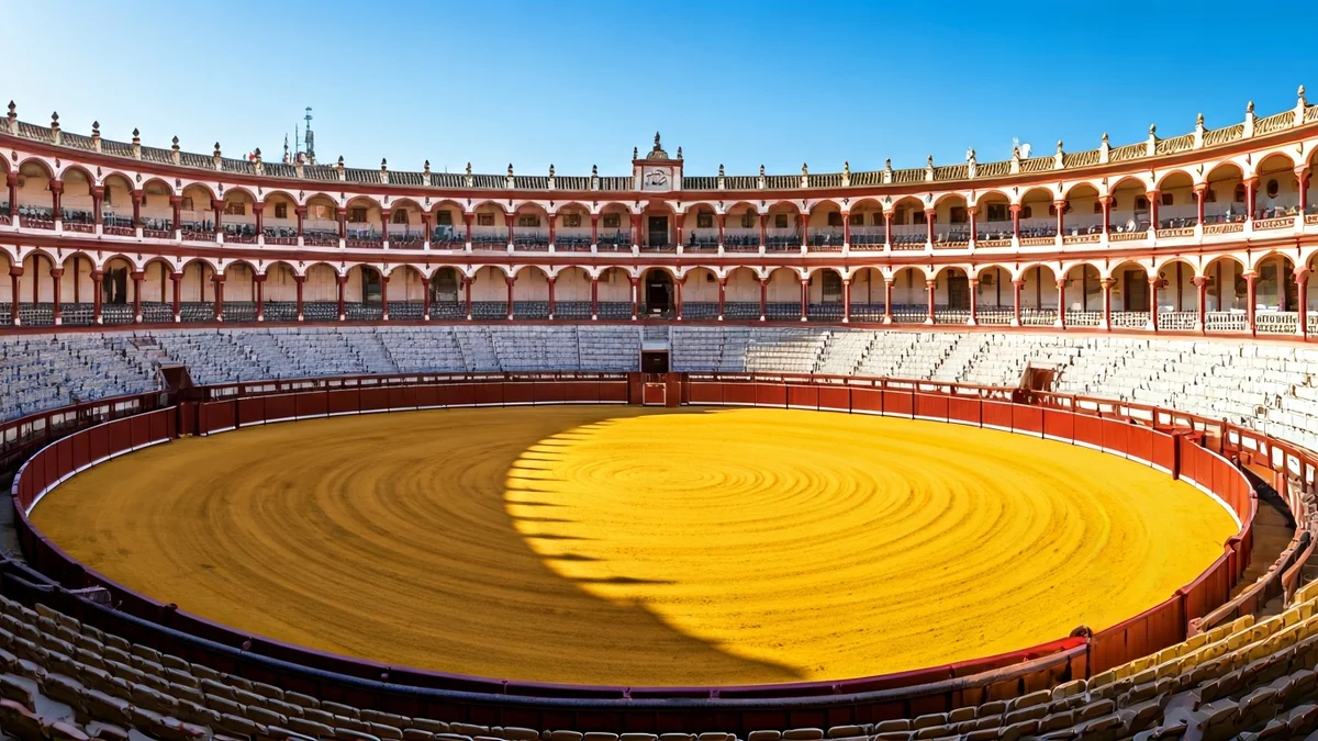 Imagen de la Plaza de Toros de la Maestranza en Sevilla, con su arquitectura tradicional y el ruedo vacío.