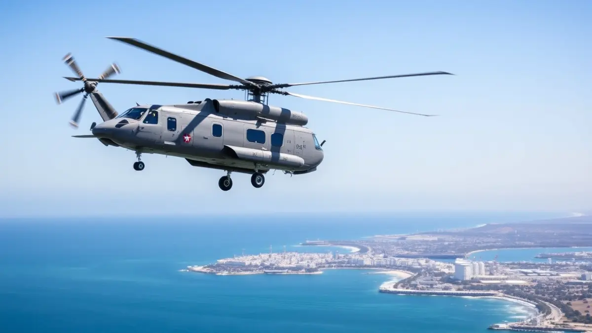 Military helicopter NH-90 Nival flying over the Bay of Cadiz.