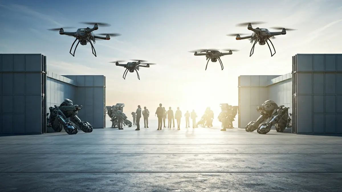 Image of advanced military technology at a base, featuring drones and ground robots.