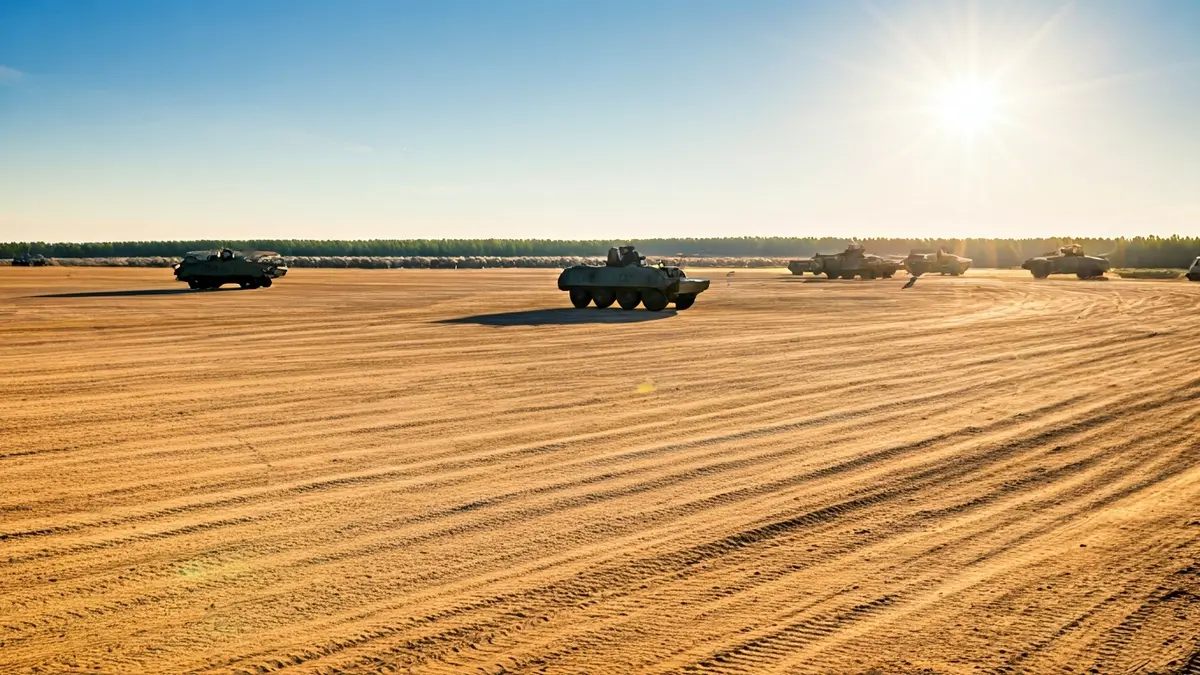 Imagen de una base militar en un entorno desértico bajo el sol.