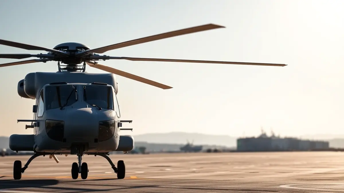 Helicóptero NH-90 en la Base Naval de Rota, con hangares al fondo.