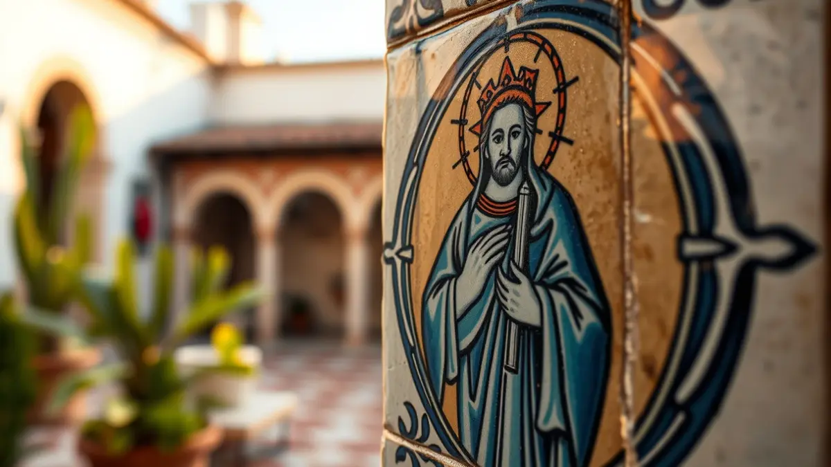 Image of a Virgin of El Rocío tile in an Andalusian patio.