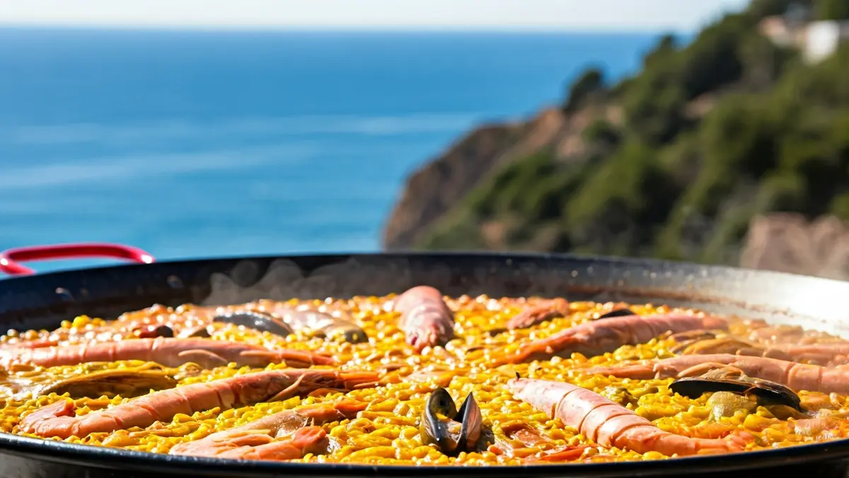 Imagen de una paella en un entorno costero, con el mar de fondo.