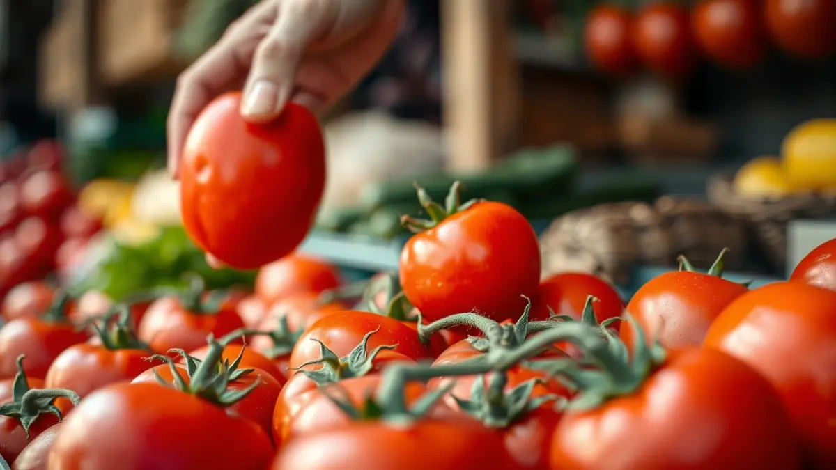 Generic image of fresh tomatoes at a market stall.