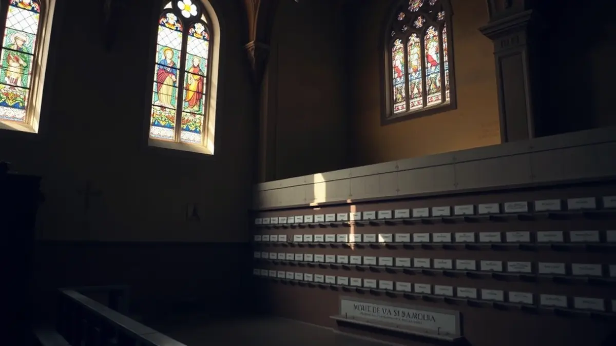 Imagen del interior de una iglesia con un columbario, simbolizando un espacio para el depósito de cenizas.
