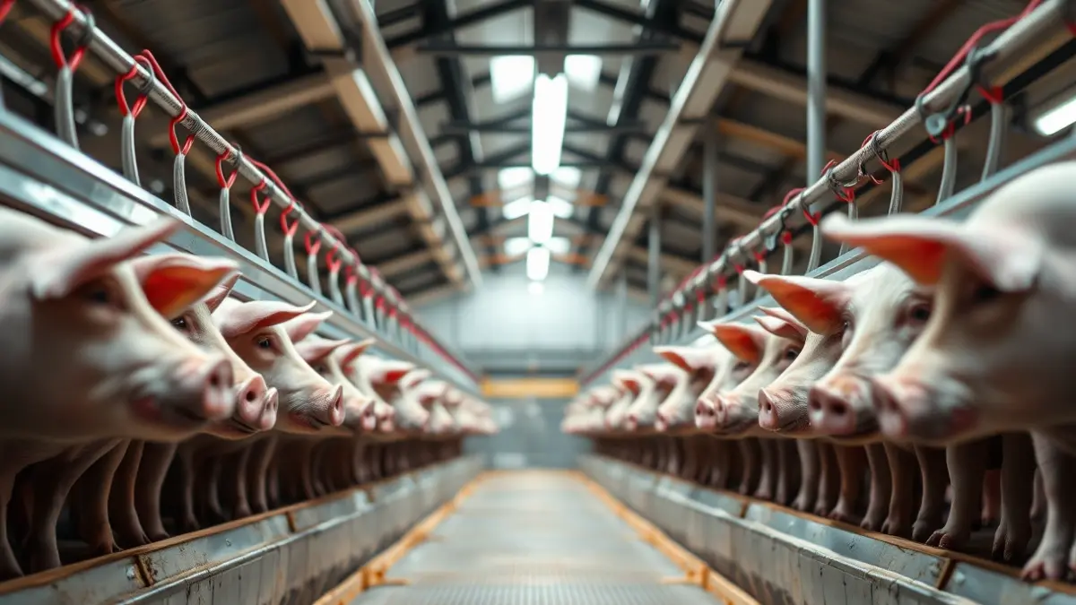 Modern pig farm facilities with advanced feeding systems.