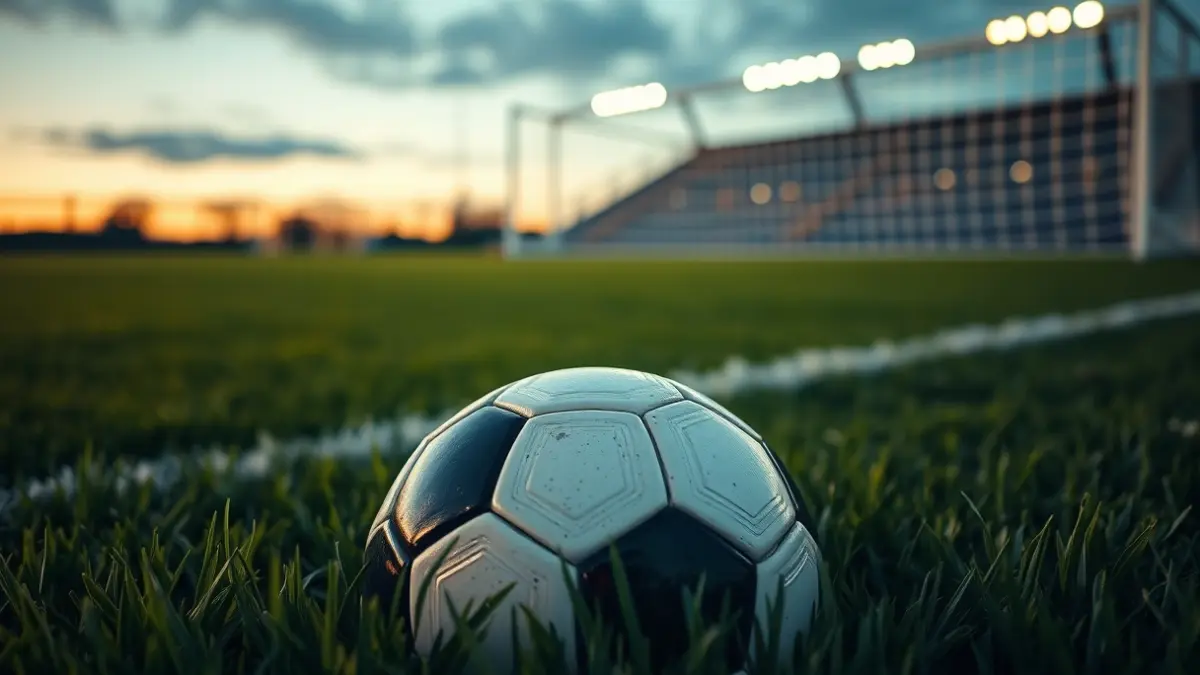 Generic image of a soccer ball on a stadium pitch, with the goal in the background.