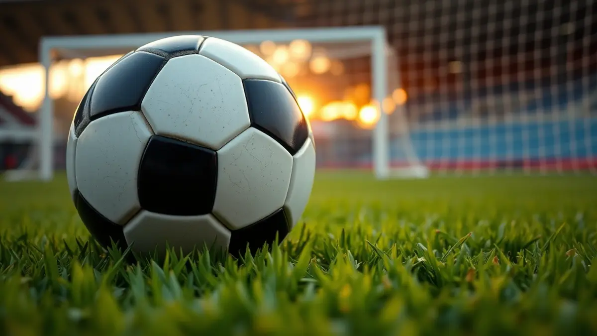 Generic image of a soccer ball on a stadium pitch, with a blurred goal in the background.