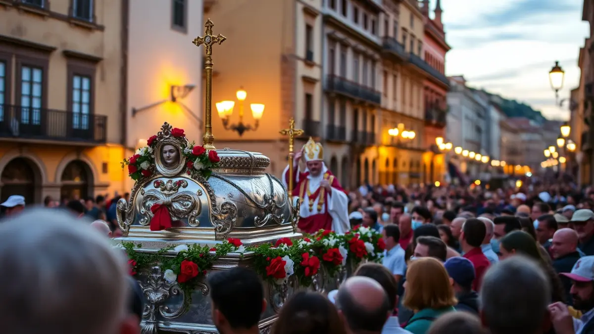 Image of a religious procession with a 'simpecado' on a silver float, in a historic street of Seville at dusk.