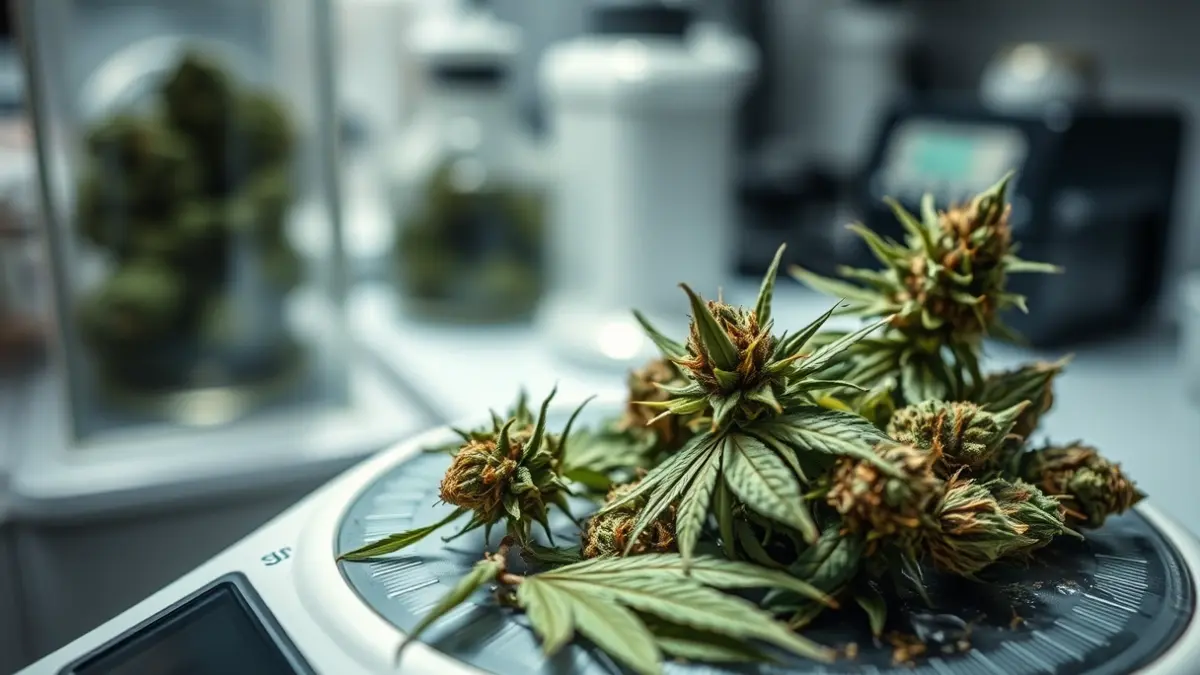Image of dried cannabis leaves and buds on a laboratory scale.
