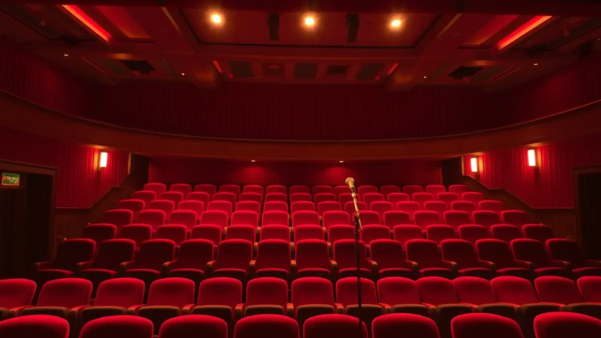 Generic image of a theater with red velvet seats and an illuminated stage.