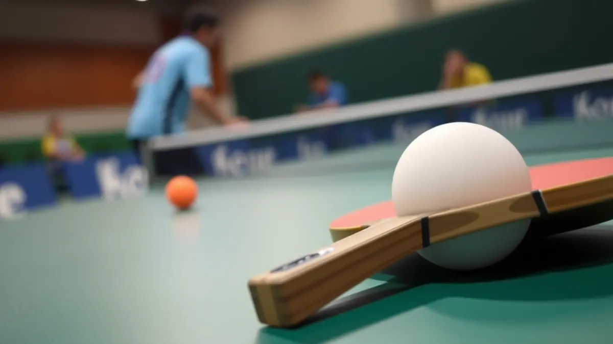 Generic image of a table tennis paddle and ball on a green table.