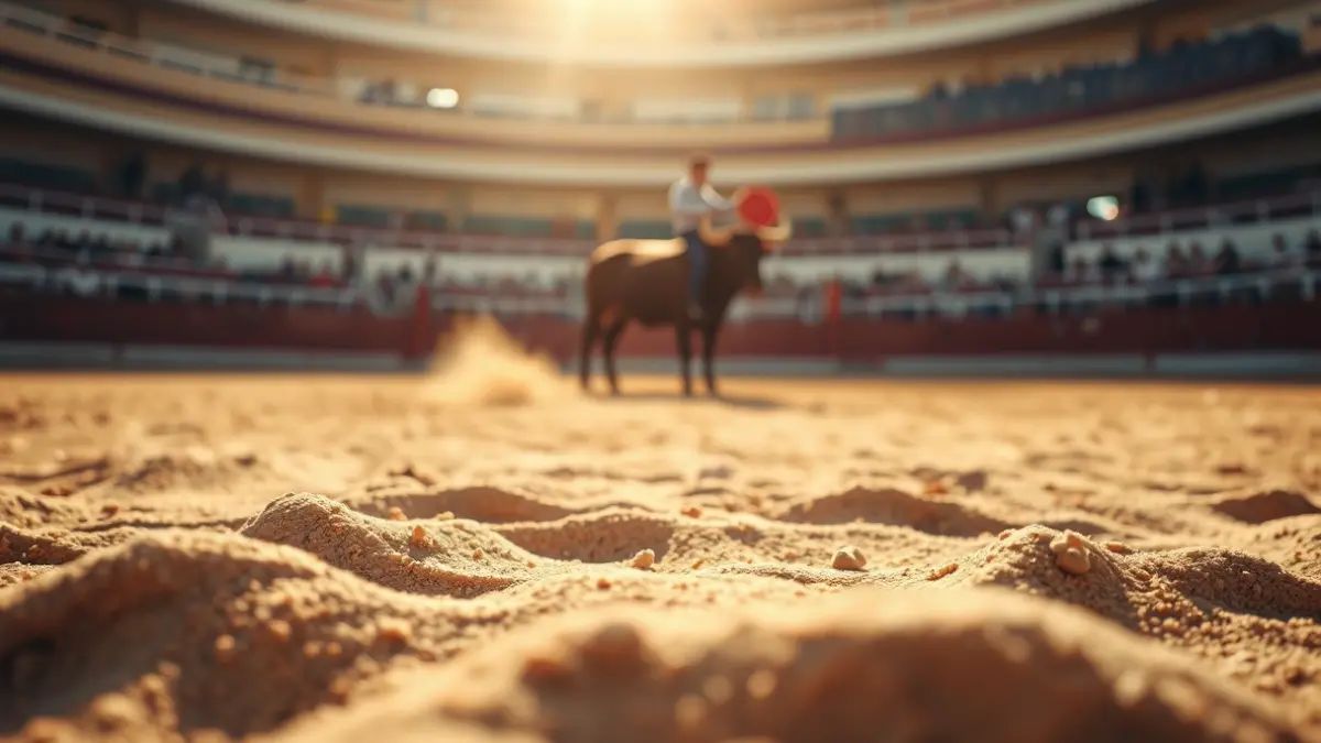 Image of a bullring with sand and the silhouette of a bullfighter and a bull in the background.