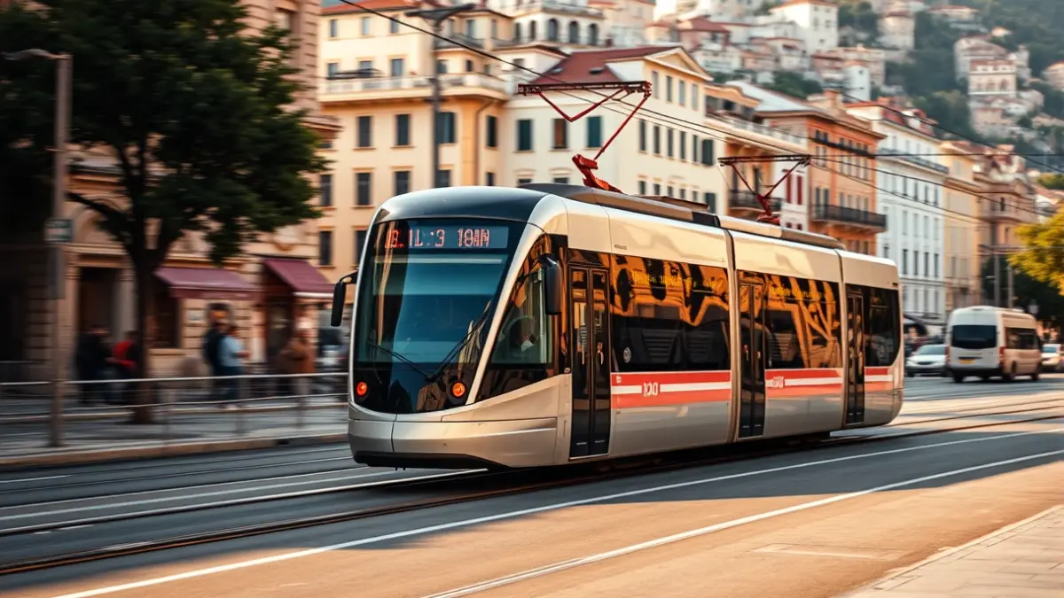 Imagen de un tranvía moderno circulando por una ciudad andaluza.