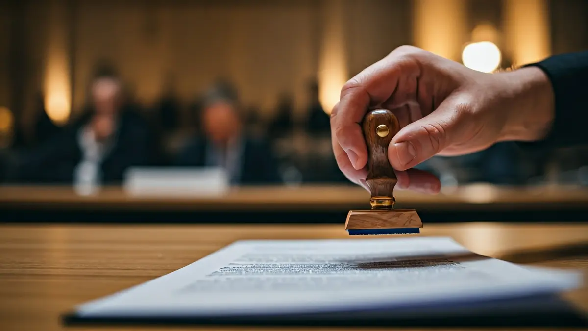 Image of a hand stamping a document with a sustainability seal.