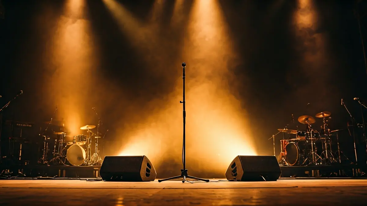 Imagen genérica de un escenario de concierto vacío con luces cálidas, esperando a los músicos.