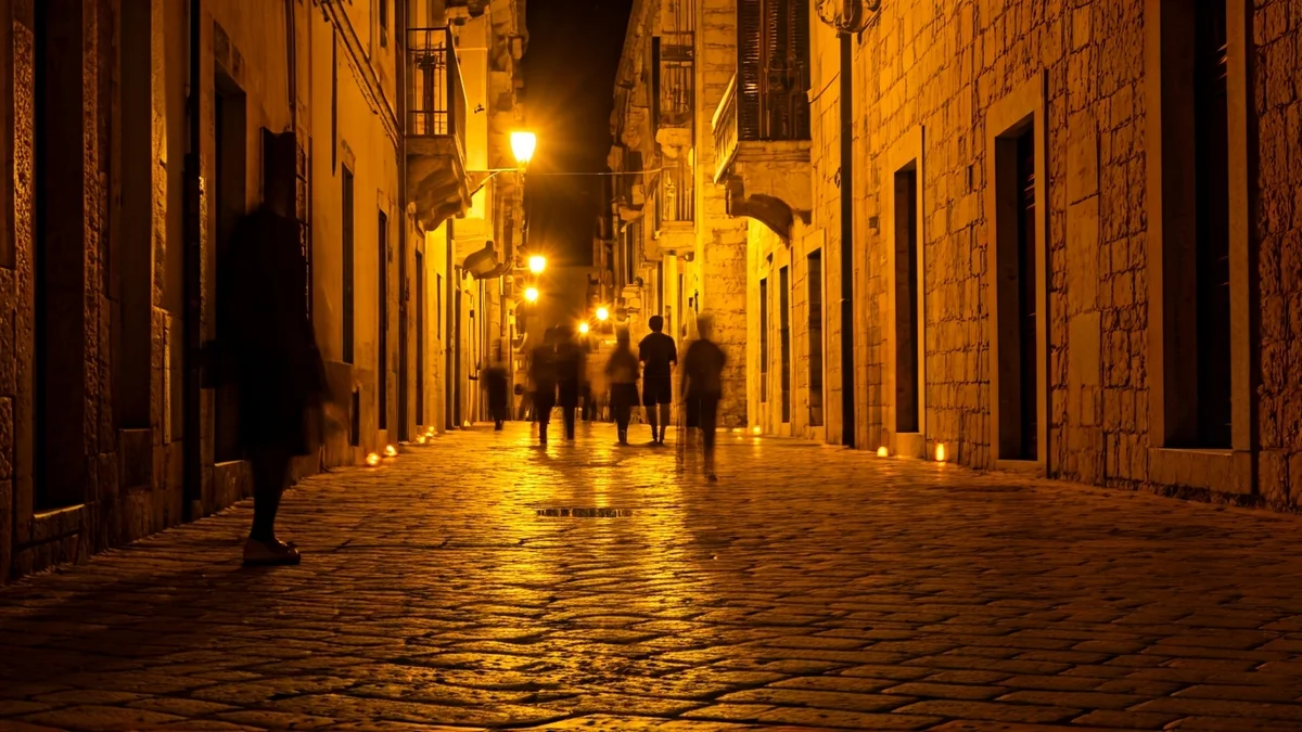Calles de Granada durante la Semana Santa, con luces y ambiente nocturno.