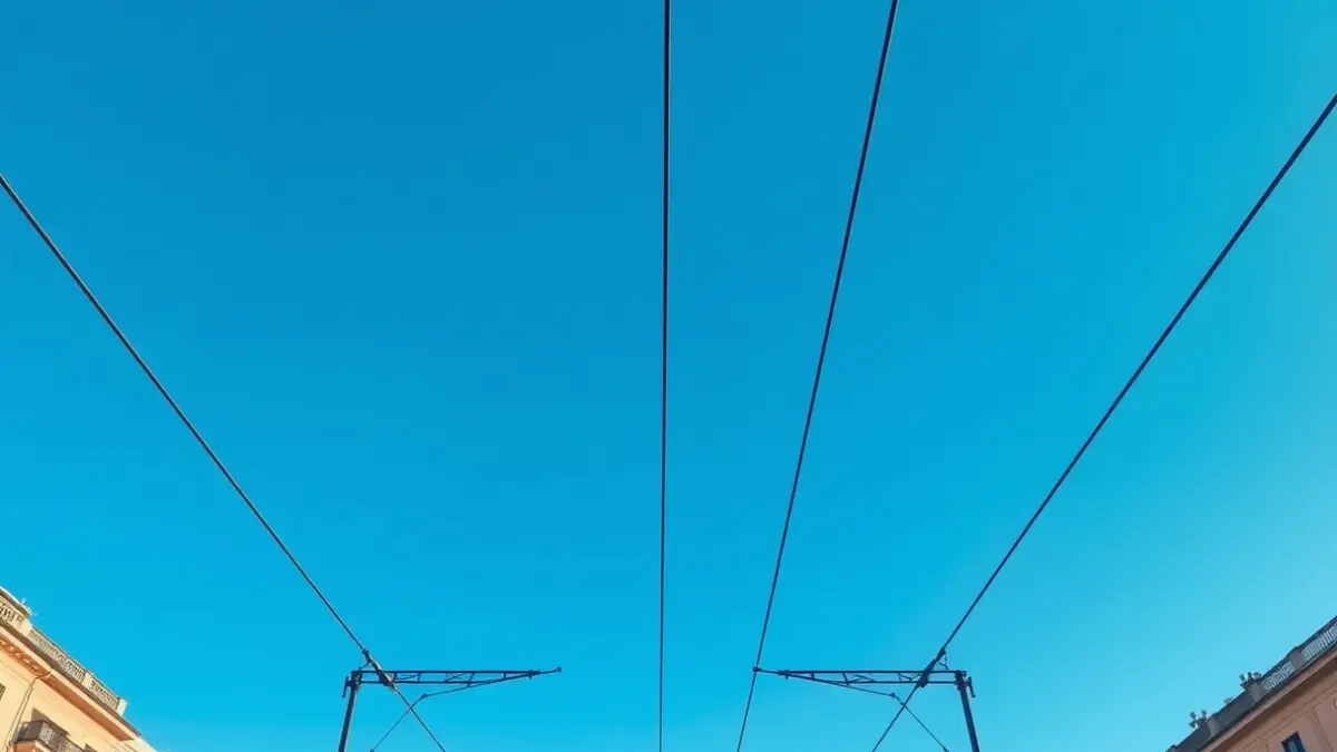 Generic image of a tram catenary system with electrical wires and blue sky.