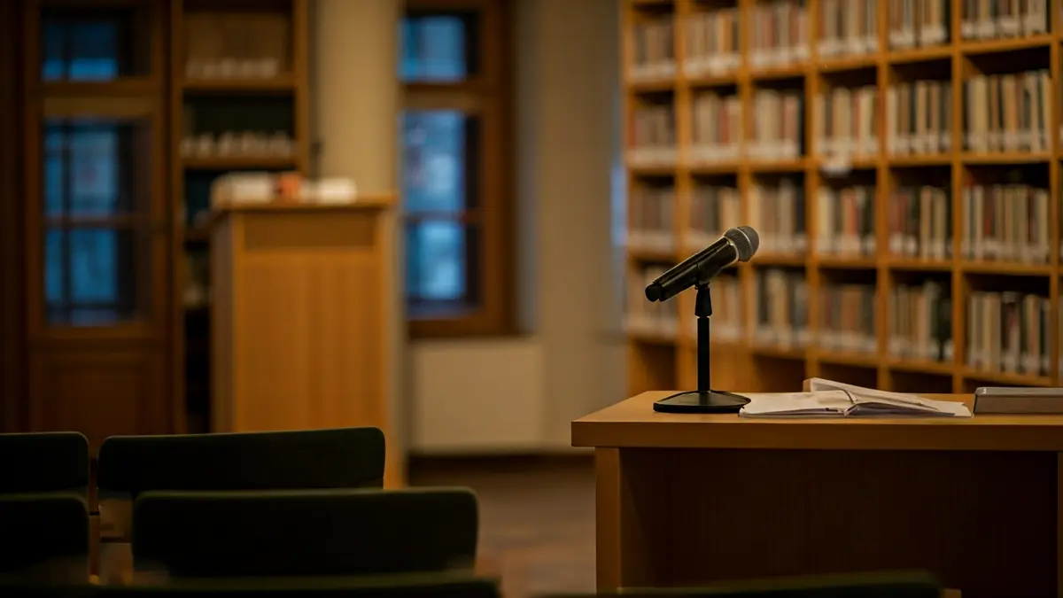 Imagen genérica de un auditorio o sala de conferencias con un micrófono en un podio.