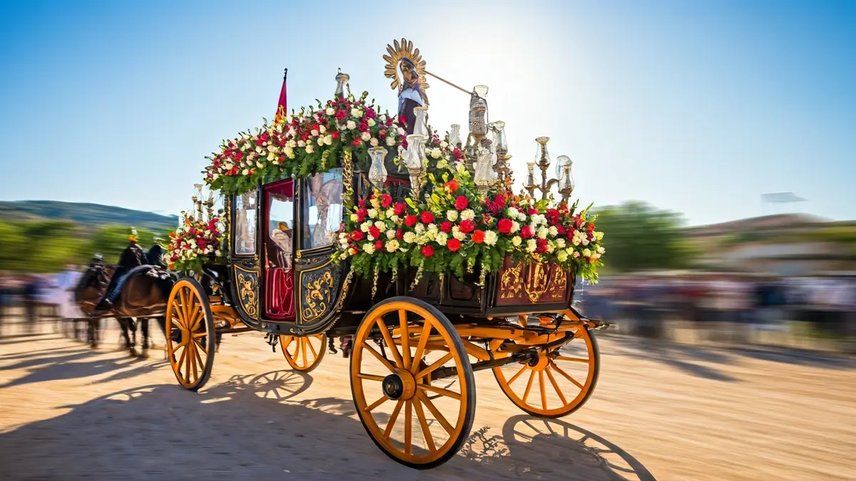 Simpecado carriage at the Rocío Pilgrimage, with pilgrims and horses on the path.
