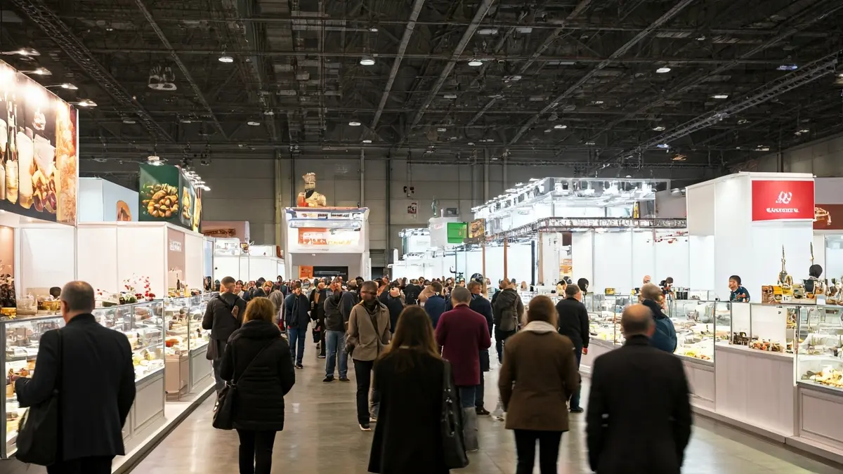 Imagen genérica de una feria agroalimentaria con stands y visitantes.