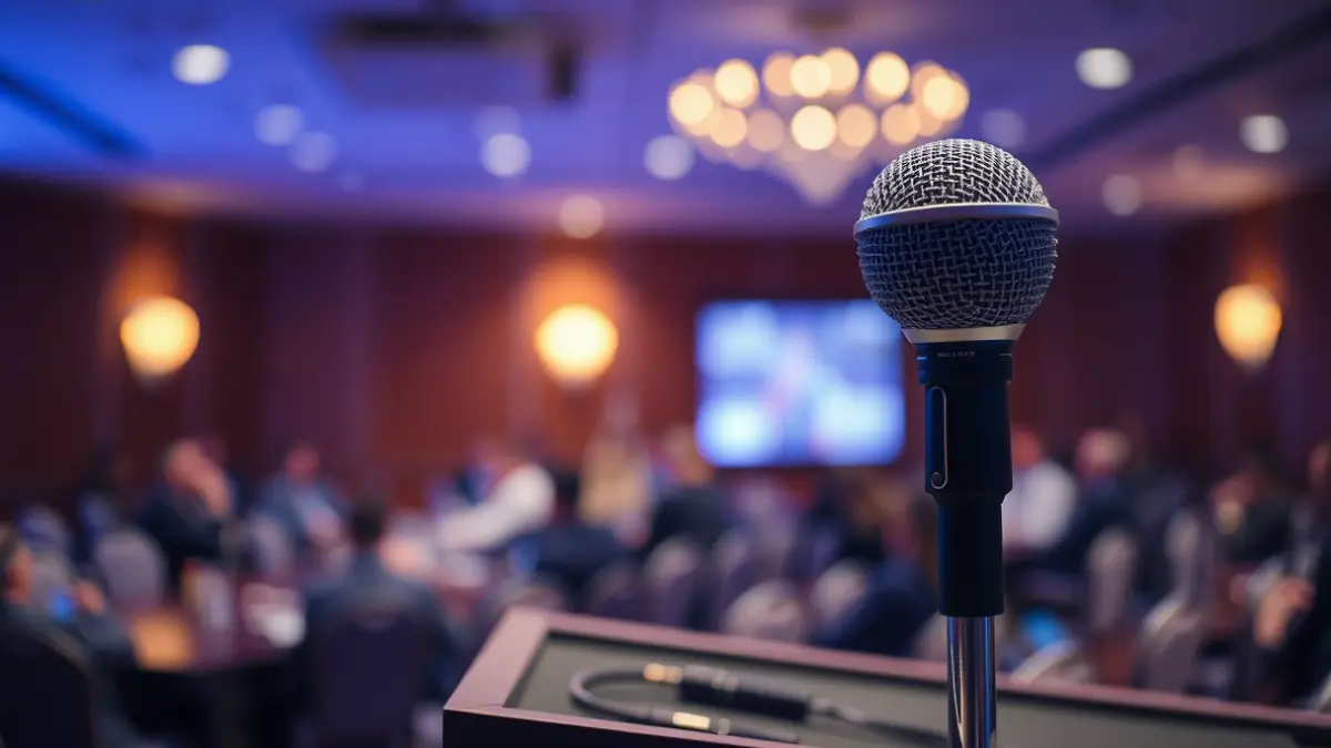 Imagen genérica de un micrófono en un podio durante un evento profesional de la industria musical.