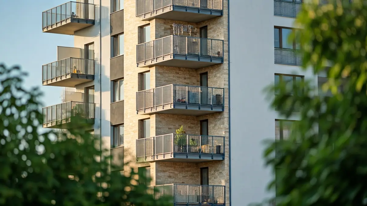 Imagen genérica de un edificio de viviendas moderno con balcones y luz solar.