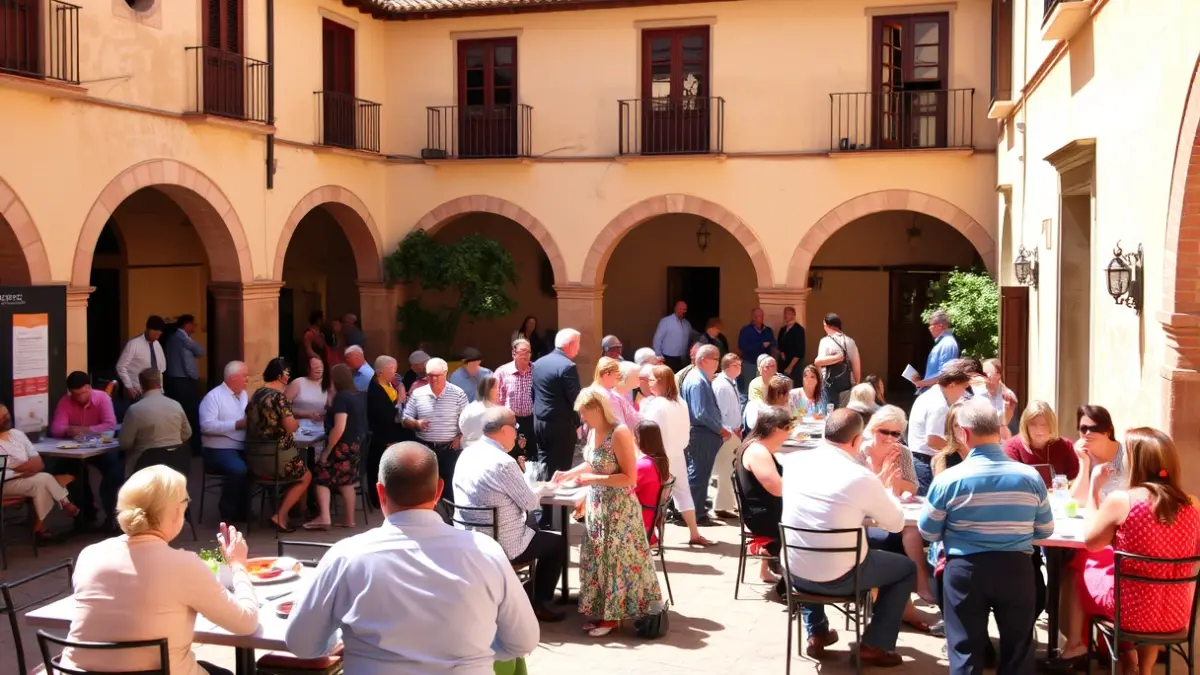 Imagen de un grupo de personas en un patio andaluz, celebrando un encuentro de convivencia.