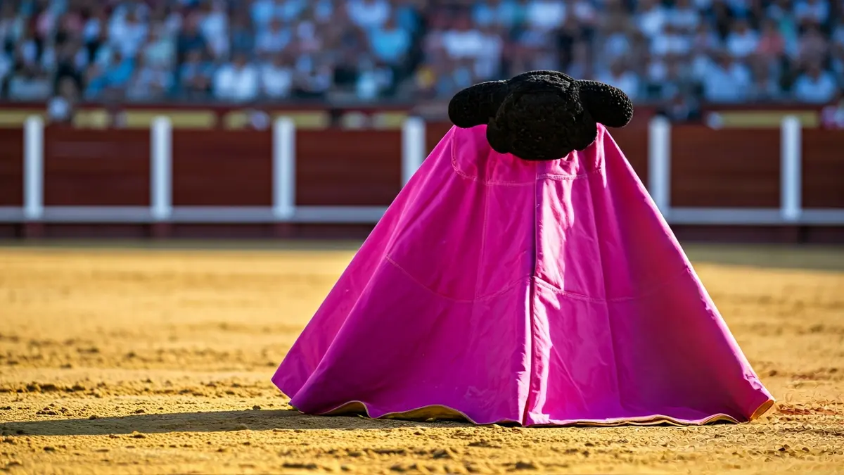 Image of a bullfighting cape and muleta on the sand of a bullring.