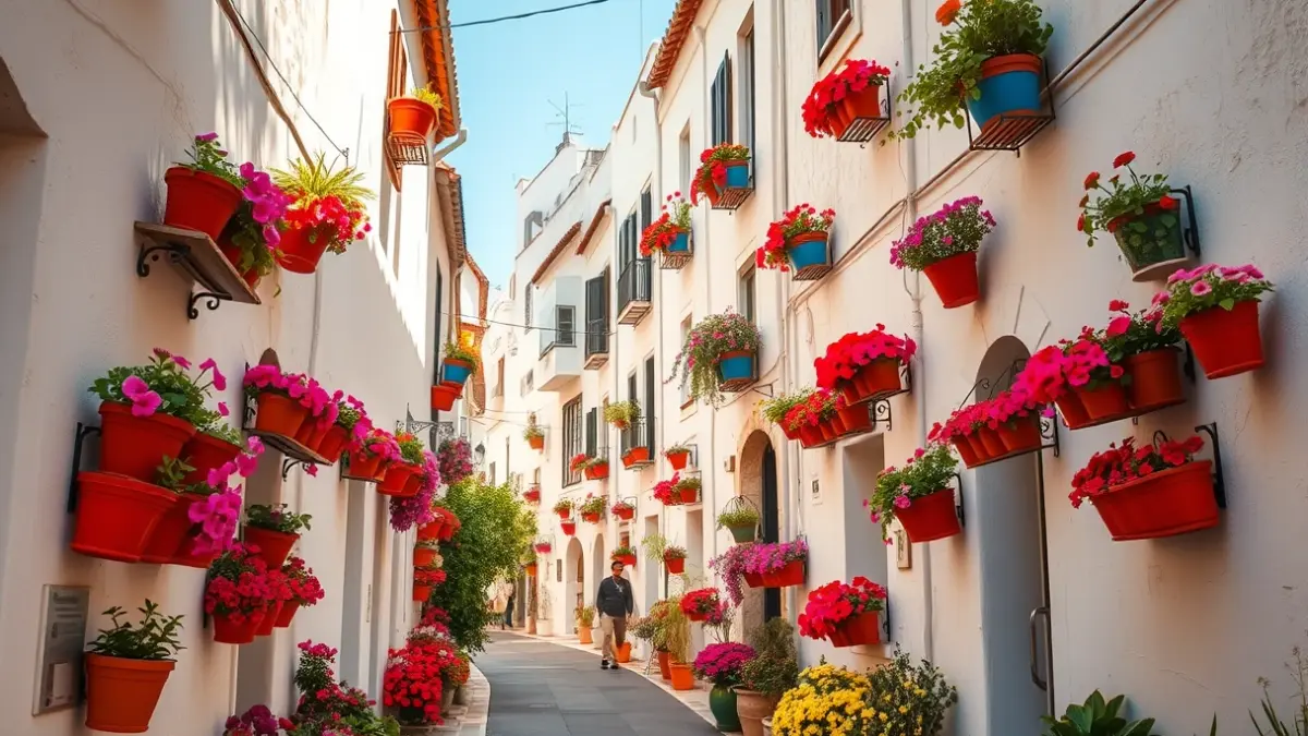 Imagen de una calle estrecha y florida en el casco antiguo de Estepona.